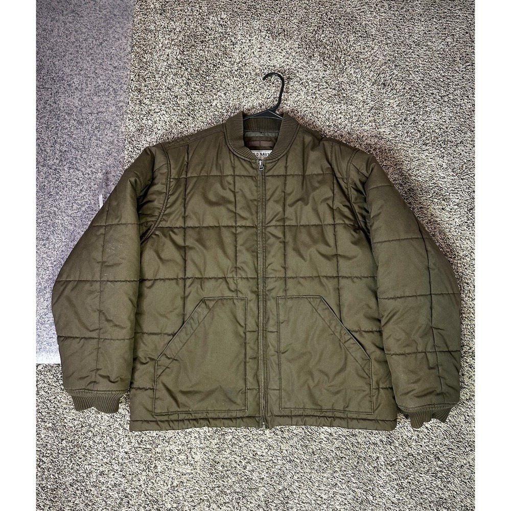 Vintage Old Navy Olive Green Box Quilted Coat Ribbed Cuffs Men's Size Large